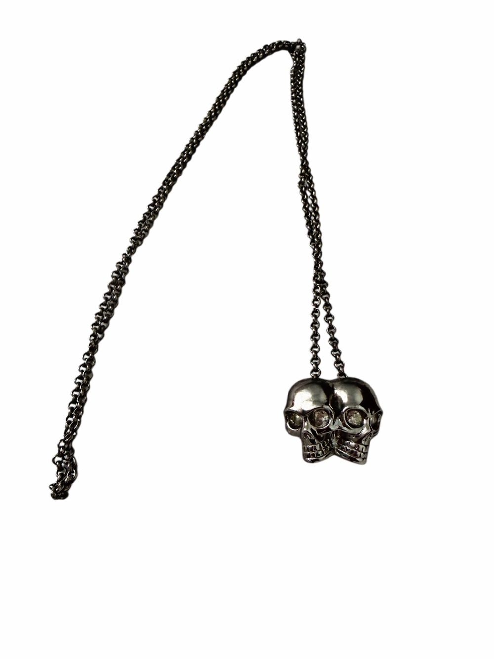 Authentic Alexander McQueen Silver Plated Double Skull Pendant Necklace